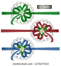 Vector illustration of bows with beads and flowers decorative elements for design and decoration of gifts