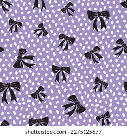 Vector illustration. Bows and ribbons silhouette on abstract dots pattern with lilac background seamless repeat pattern design.