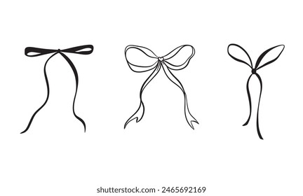 Vector illustration of bows in trendy style for invitations to wedding, party, hair, postcard. Linear style, cartoon, doodle