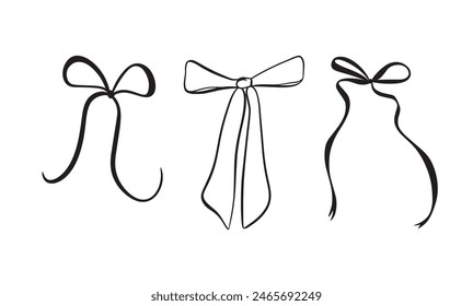 Vector illustration of bows in trendy style for invitations to wedding, party, hair, postcard. Linear style, cartoon, doodle