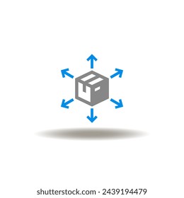 Vector illustration of box packagу with arrows arround outside. Icon of delivery. Symbol of procurement. Sign of 3PL Third Party Logistics.