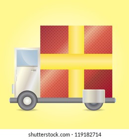 Vector illustration of a box car with a giant gift wrap on its back.