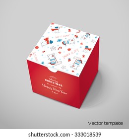 Vector illustration. Box with Cartoon snowmen, stars and Christmas decorations. Winter theme. The inscription in by hand - Let it snow! Place for your text.