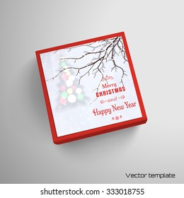 Vector  illustration. Box with Christmas tree on snowfall backdrop. Place for your text.