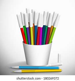 Vector illustration of a box of colored felt pens.