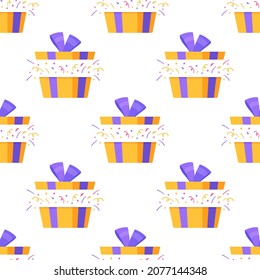 Vector illustration of box confetti pattern. Gift wrapping paper. Seamless drawing of gifts for the New Year. 
