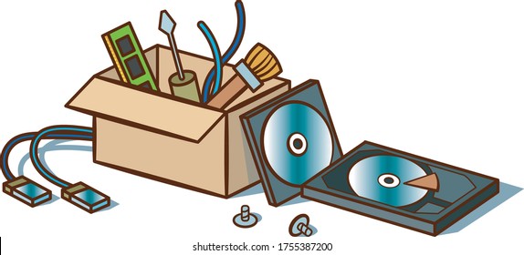 Vector illustration. The box contains a RAM board, screws, disk, wires, disk, hard disk, screws. Everything you need for a computer specialist.