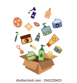 Vector Illustration Of Box With Cosmetics For Skincare Products Subscription And Delivery Services