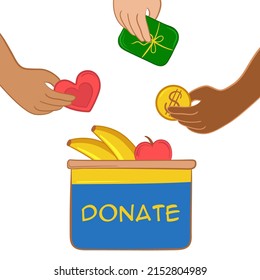 Vector illustration box with food, money hearts. Support for people.