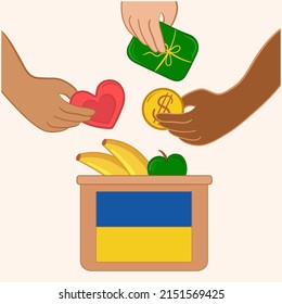 Vector illustration box with food. Support for people Ukraine