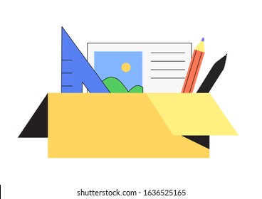 Vector illustration of box full of artist and painting materials isolated on white background in a trendy outline geometric style. Creative element for design studio, ui, web and landing page design.