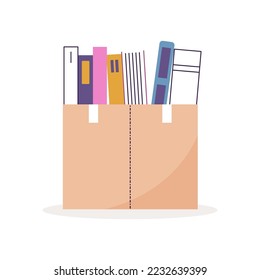 Vector illustration with box full of books isolated on white background. 