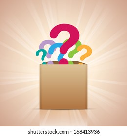 Vector illustration of a box full of colorful question marks.