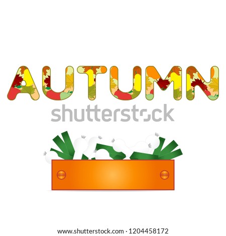 Vector illustration with box with garlic and autumn inscription. Harvest festival. Thanksgiving Day. Vegetable icon or print.