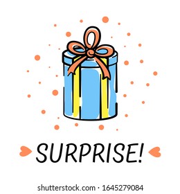 Vector illustration of a box with a gift in a flat style with the inscription surprise. Colorful vector postcard isolated on white background for design, print