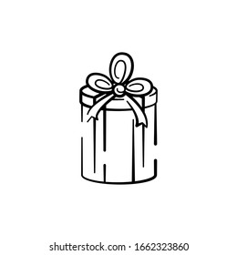 Ilustración vectorial de una caja con un regalo dibujado a mano. Icono del vector línea negra aislada en fondo blanco para diseño, impresión
