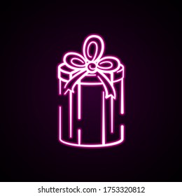 Vector illustration of a box with a gift hand-drawn. Vector neon icon pink line isolated on black background for design
