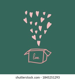 Vector Illustration of a box with hearts. Cute hand-drawn greeting card for a date or Valentine's Day. The postcard template is made in the flat style. Vector illustration
