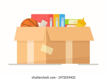 Vector illustration of a box of household items. Paper cardboard boxes with various household items. Family moved into a new house. 