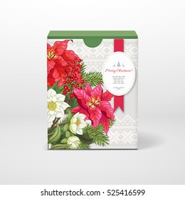 Vector illustration. Box with insertion for your text. Poinsettia flowers, berries, hellebore and fir-tree. Scandinavian ornament on backdrop. Christmas collection.
