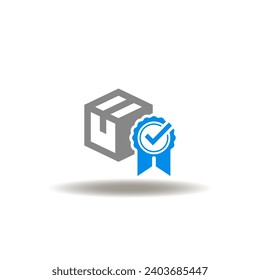 Vector illustration of box package and stamp with check mark. Icon of customs. Symbol of quality control of delivery package box.