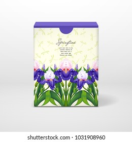 Vector illustration. Box with place for your text. Border of iris flowers and buds. Dragonflies on backdrop.