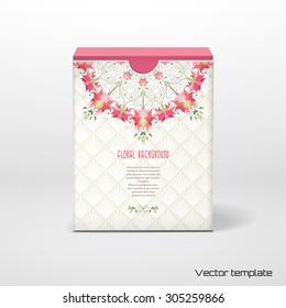 Vector illustration. Box with place for your text. Round floral pattern and delicate ornament on backdrop. 