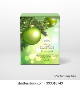 Vector illustration. Box with place for your text. Fir tree on blurred background. Green balls on winter style.