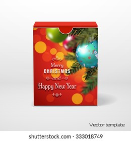 Vector illustration. Box with place for your text. Fir tree on blurred background with colored balls. Christmas and New Year theme. 