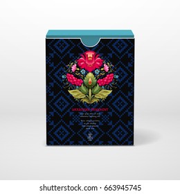 Vector illustration. Box with place for your text. Ornament similar to embroidery. Floral ukrainian pattern in the style of Petrykivka painting. Dark background.