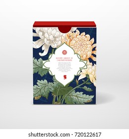 Vector illustration. Box with place for your text. Pattern in japanese style with chrysanthemum flowers.