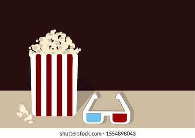 Vector illustration. A box of popcorn. Watching a movie in the cinema. Cheerful mood. Element for design.