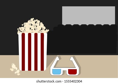 Vector illustration. A box of popcorn. Watching a movie in the cinema. Cheerful mood. Element for design.