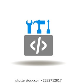 Vector illustration of box with programming code and tools wrench screwdriver hammer. Icon of SDK Software Development Kit. Symbol of programming development platform.