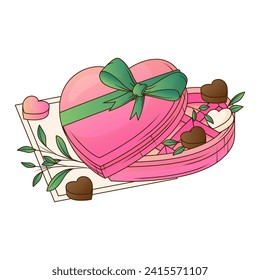 Vector illustration of box in shape of heart. Box of candies, leaves. Perfect for romantic design of card, decoration of Valentine's Day, Mother's Day.