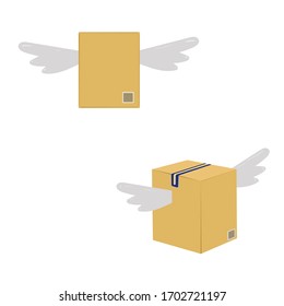 Vektorillustration Illustration von Kisten mit Flügeln, das Zeichen einer kontaktlosen Lieferung. Logo und Symbol des Versanddienstes.