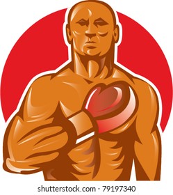 vector illustration of a boxer with boxing gloves hand on chest set inside oval isolated on white