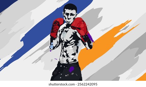 vector illustration of a boxer silhouette in scratch style with a brush stroke background. boxing sport in the boxing ring. Boxing tournament