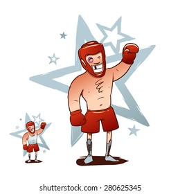 Vector illustration of a boxer standing with raised hand. cartoon character