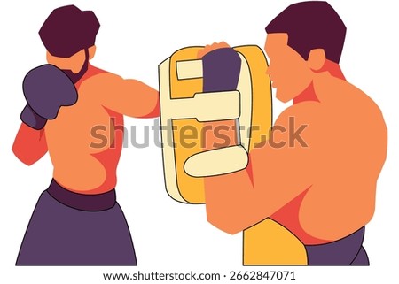 Vector illustration of a boxer training with his coach by practicing punches on the coach’s mitts.
