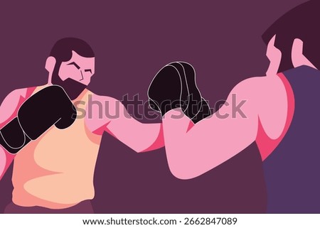 Vector illustration of a boxer training with his coach by practicing punches on the coach’s mitts.