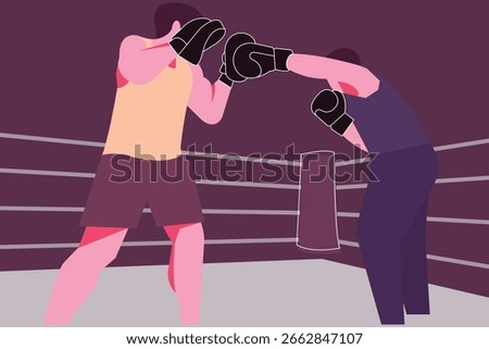 Vector illustration of a boxer training with his coach by practicing punches on the coach’s mitts.