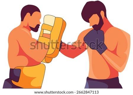 Vector illustration of a boxer training with his coach by practicing punches on the coach’s mitts.