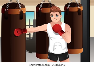 A vector illustration of boxer training on a punching bag in the gym