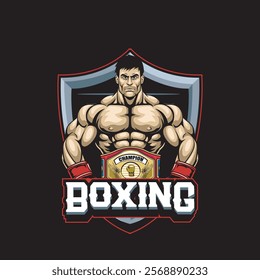 Vector Illustration of Boxer Wearing Champion Belt with Detailed Vector Illustration Available for Logo Badge