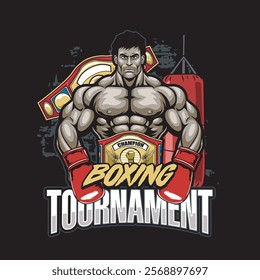 Vector Illustration of Boxer Wearing Champion Belt with Punching Bag in Detailed Vector Illustration Available for Tshirt Design