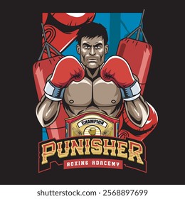 Vector Illustration of Boxer Wearing Champion Belt with Punching Bag in Detailed Vector Illustration Available for Tshirt Design