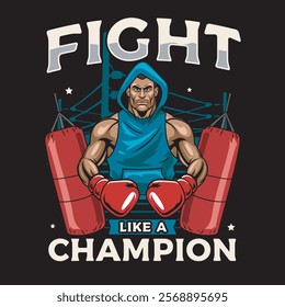 Vector Illustration of Boxer Wearing Hoodie with Punching Bag in Detailed Vector Illustration Available for Tshirt Design