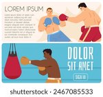 Vector illustration of boxers. Two boxers sparring in a ring and a boxer training with a punching bag. Perfect for sports, fitness, and boxing-related content.