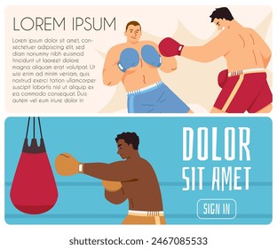 Vector illustration of boxers. Two boxers sparring in a ring and a boxer training with a punching bag. Perfect for sports, fitness, and boxing-related content.